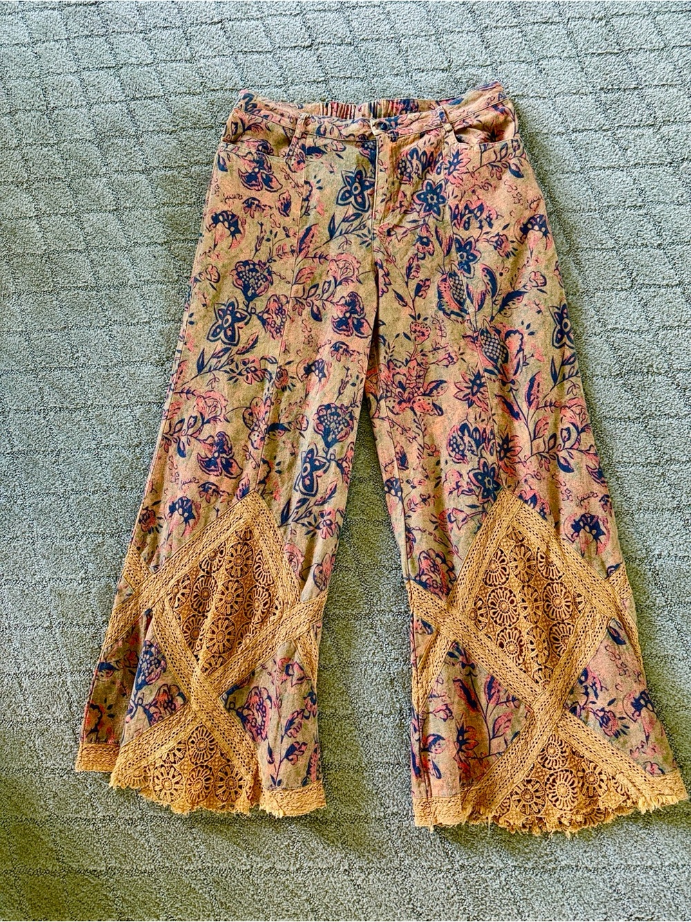 Wide Leg Floral Crochet-Trim Pants in Peach